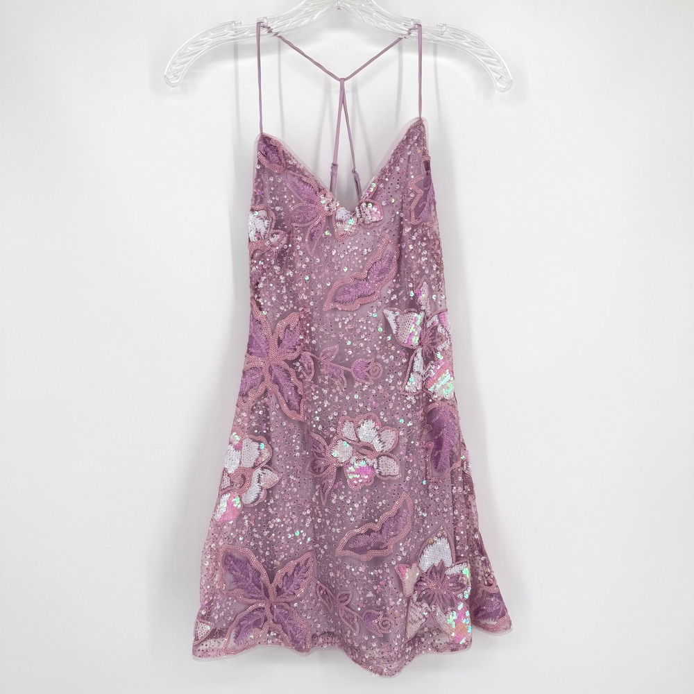 Lulus Get Up and Glow Mini Dress Lavender Sequin Embroidered Butterfly Floral S - Picture 2 of 13